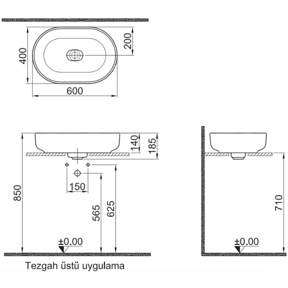 ZERO 2.0 60X40 OVAL ÇANAK LAVABO MAT VİZON