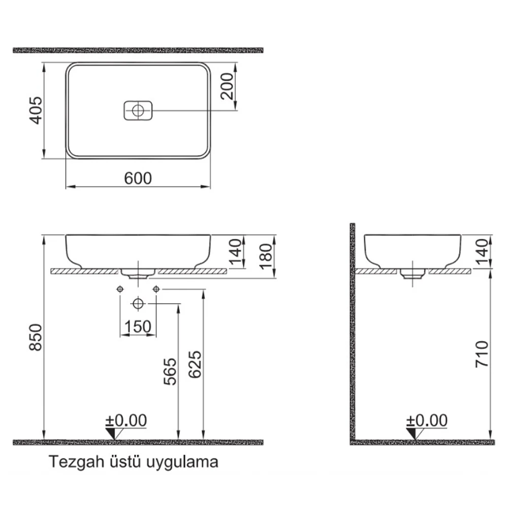 ZERO 2.0 60X40 DİKDÖRTGEN ÇANAK LAVABO MAT BEYAZ